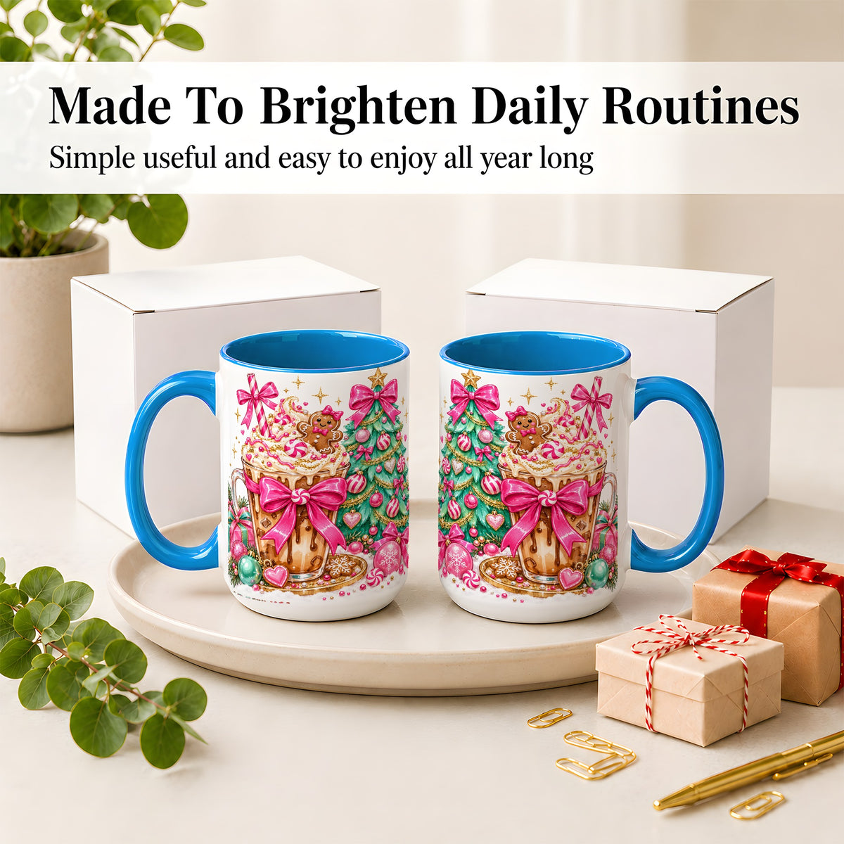 #pl[15oz|Blue] Pink Christmas Coffee Ceramic Mug, Tree Gingerbread Holiday Artwork