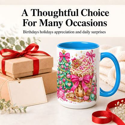 #pl[15oz|Blue] Pink Christmas Coffee Ceramic Mug, Tree Gingerbread Holiday Artwork