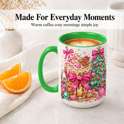 #pl[15oz|Green] Pink Christmas Coffee Ceramic Mug, Tree Gingerbread Holiday Artwork