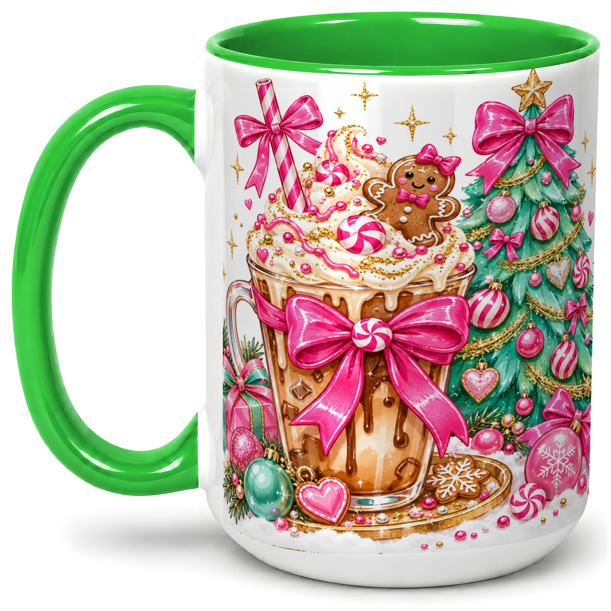 #pl[15oz|Green] Pink Christmas Coffee Ceramic Mug, Tree Gingerbread Holiday Artwork