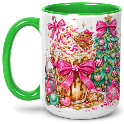 #pl[15oz|Green] Pink Christmas Coffee Ceramic Mug, Tree Gingerbread Holiday Artwork