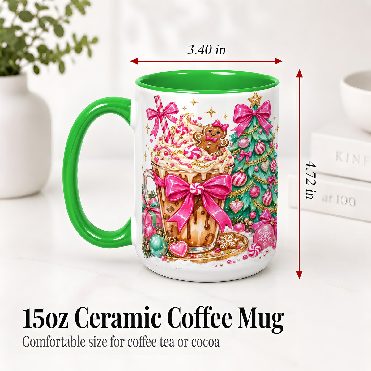 #pl[15oz|Green] Pink Christmas Coffee Ceramic Mug, Tree Gingerbread Holiday Artwork