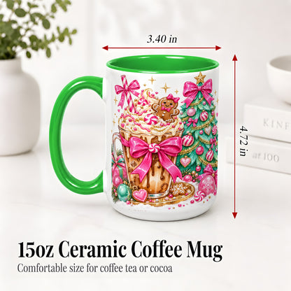#pl[15oz|Green] Pink Christmas Coffee Ceramic Mug, Tree Gingerbread Holiday Artwork
