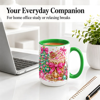 #pl[15oz|Green] Pink Christmas Coffee Ceramic Mug, Tree Gingerbread Holiday Artwork