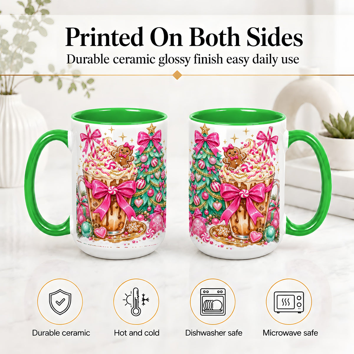 #pl[15oz|Green] Pink Christmas Coffee Ceramic Mug, Tree Gingerbread Holiday Artwork