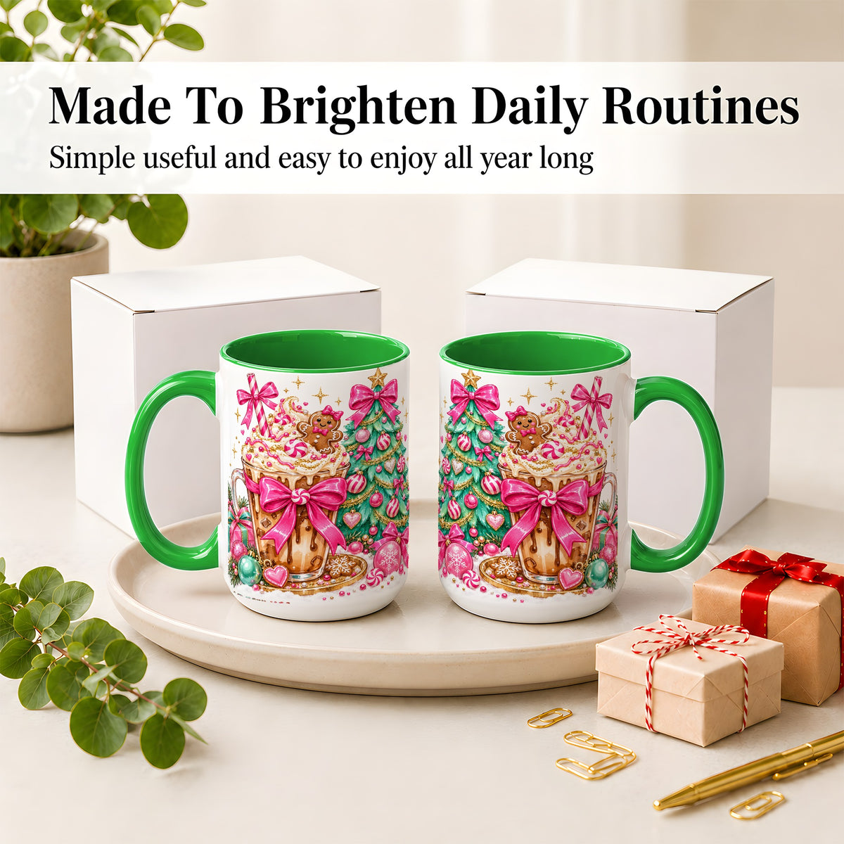#pl[15oz|Green] Pink Christmas Coffee Ceramic Mug, Tree Gingerbread Holiday Artwork
