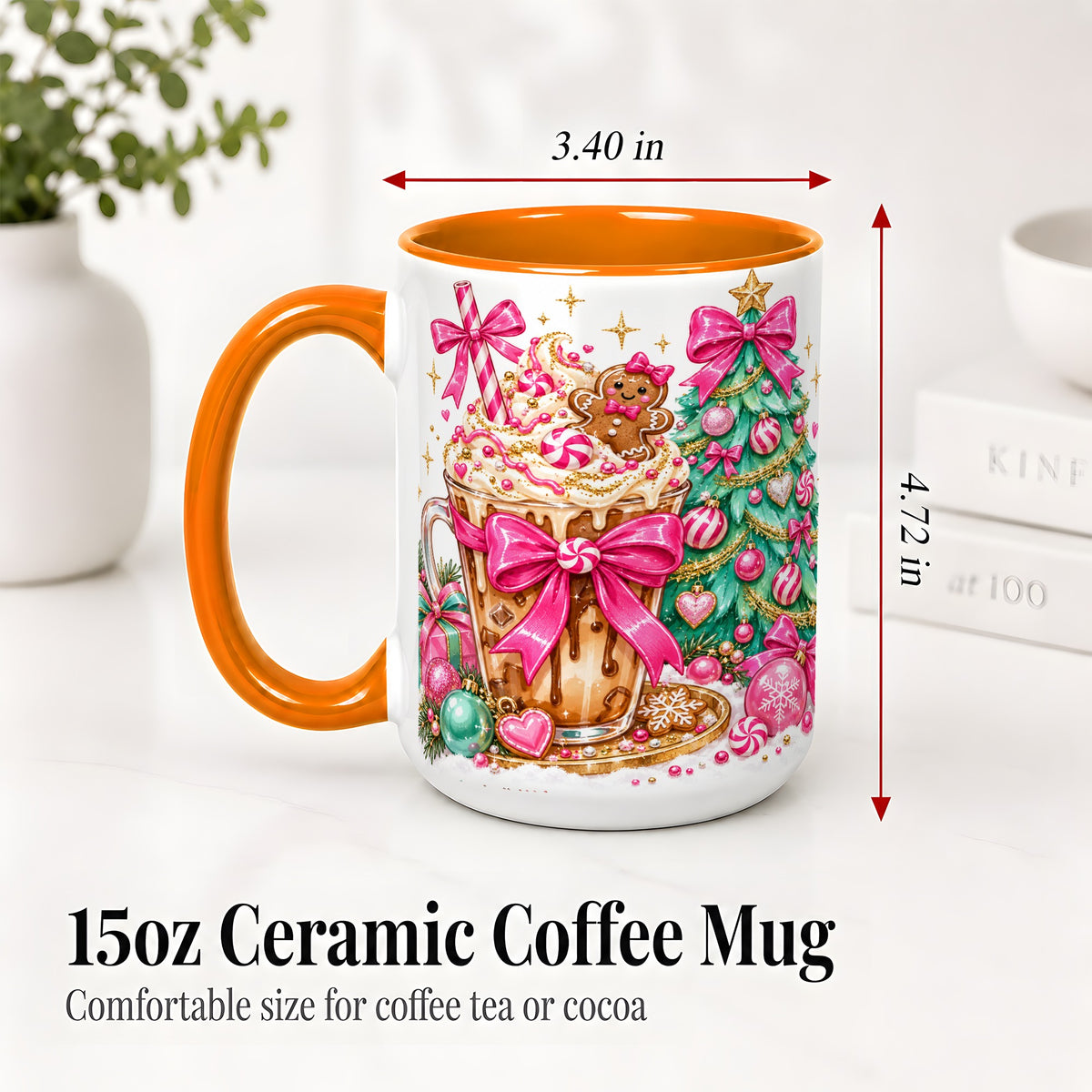 #pl[15oz|Orange] Pink Christmas Coffee Ceramic Mug, Tree Gingerbread Holiday Artwork
