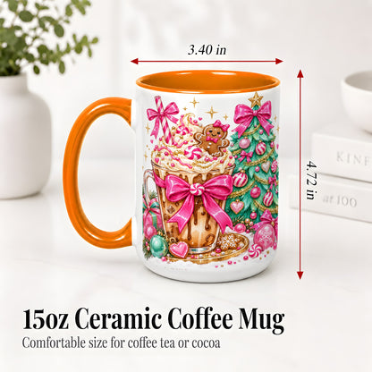 #pl[15oz|Orange] Pink Christmas Coffee Ceramic Mug, Tree Gingerbread Holiday Artwork