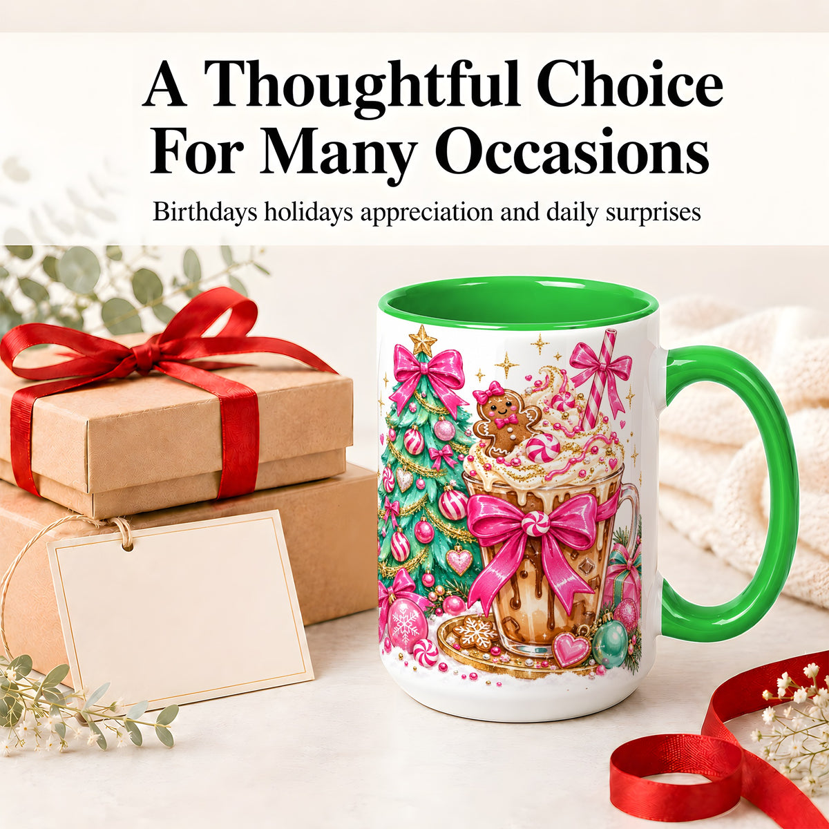 #pl[15oz|Green] Pink Christmas Coffee Ceramic Mug, Tree Gingerbread Holiday Artwork