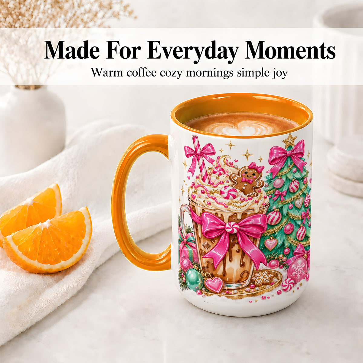 #pl[15oz|Orange] Pink Christmas Coffee Ceramic Mug, Tree Gingerbread Holiday Artwork