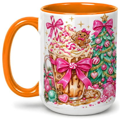#pl[15oz|Orange] Pink Christmas Coffee Ceramic Mug, Tree Gingerbread Holiday Artwork