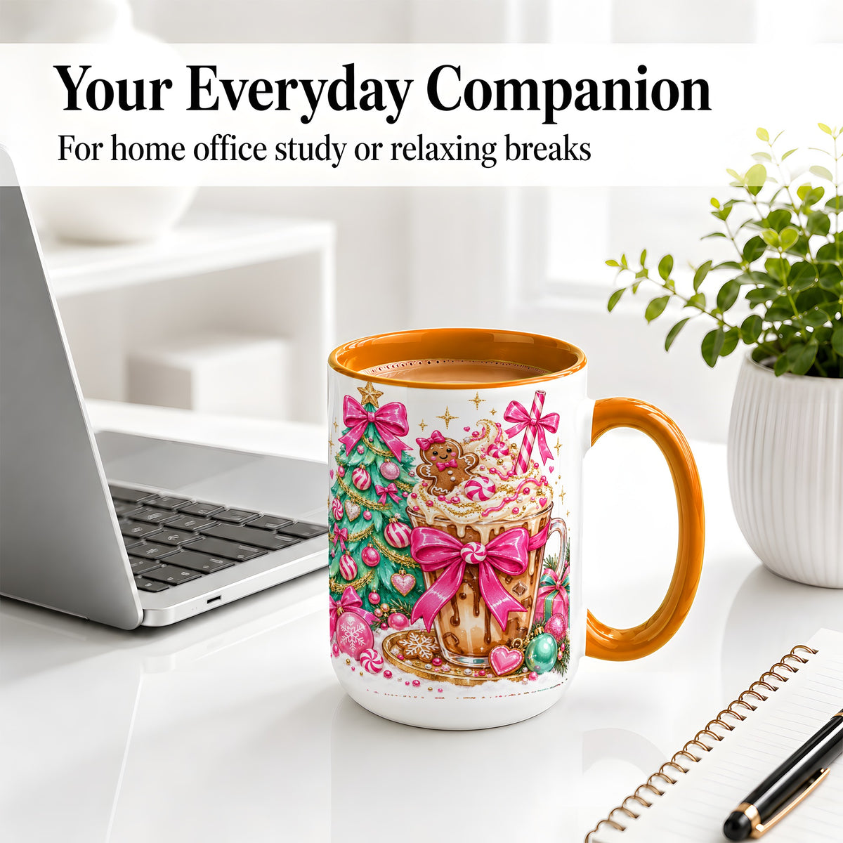#pl[15oz|Orange] Pink Christmas Coffee Ceramic Mug, Tree Gingerbread Holiday Artwork