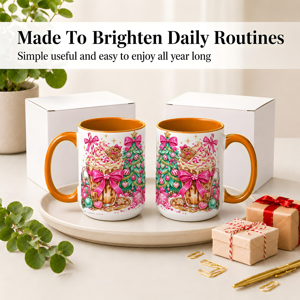 #pl[15oz|Orange] Pink Christmas Coffee Ceramic Mug, Tree Gingerbread Holiday Artwork