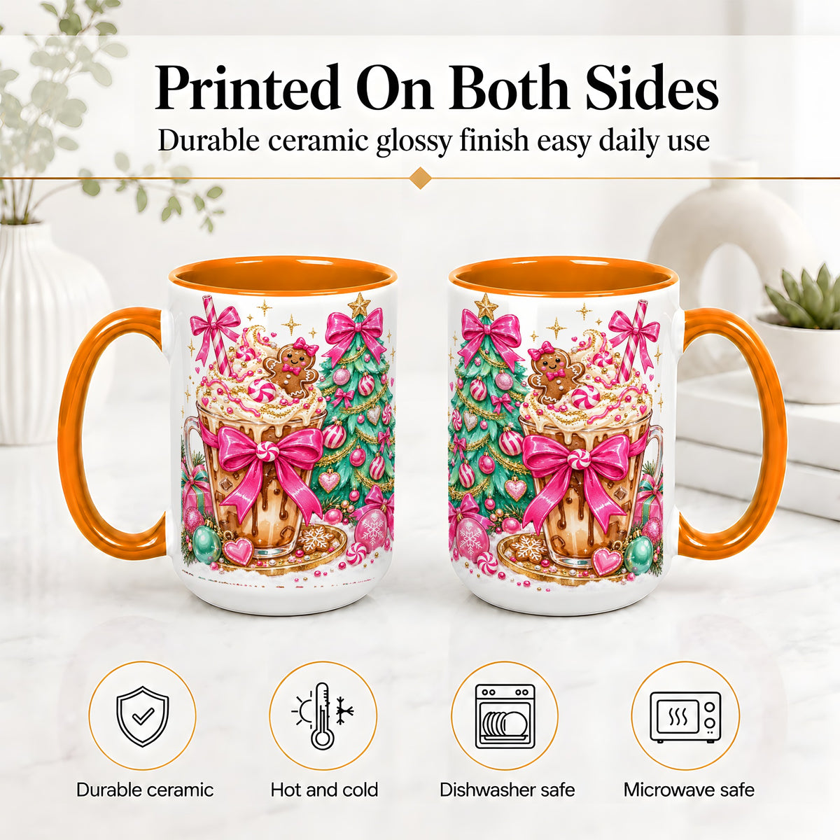 #pl[15oz|Orange] Pink Christmas Coffee Ceramic Mug, Tree Gingerbread Holiday Artwork