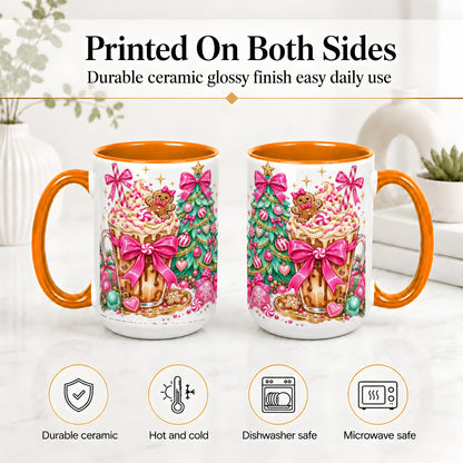 #pl[15oz|Orange] Pink Christmas Coffee Ceramic Mug, Tree Gingerbread Holiday Artwork