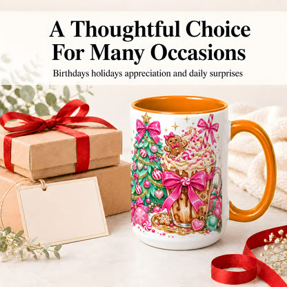 #pl[15oz|Orange] Pink Christmas Coffee Ceramic Mug, Tree Gingerbread Holiday Artwork