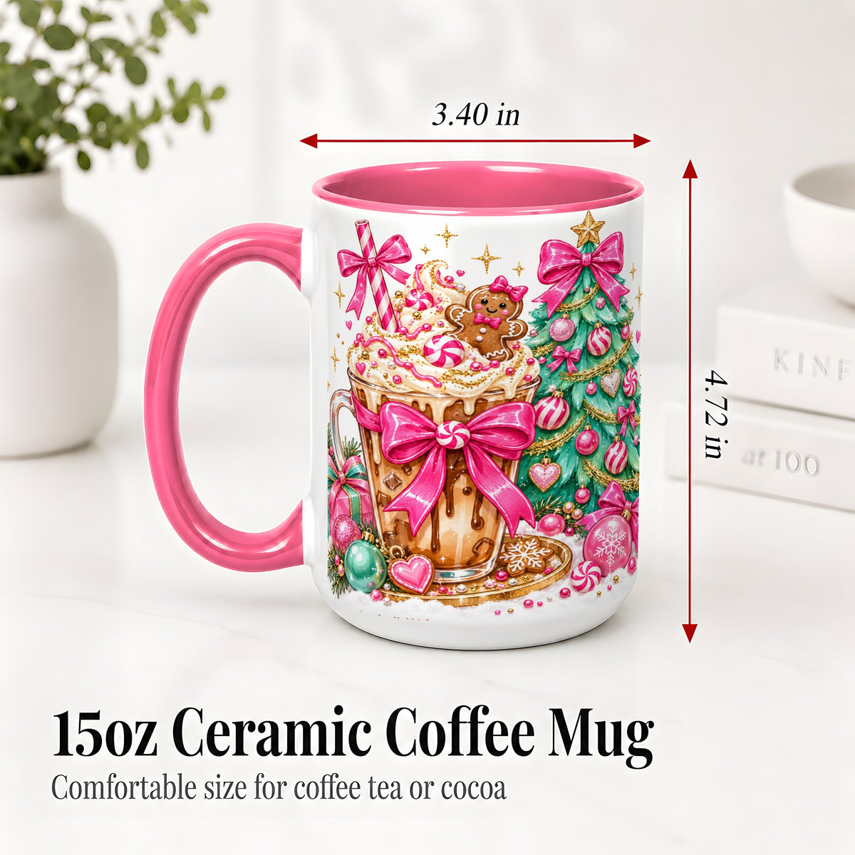 #pl[15oz|Pink] Pink Christmas Coffee Ceramic Mug, Tree Gingerbread Holiday Artwork