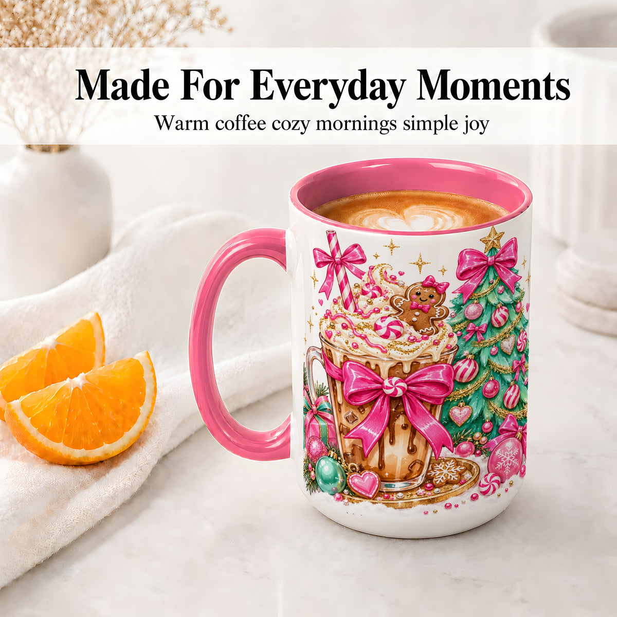 #pl[15oz|Pink] Pink Christmas Coffee Ceramic Mug, Tree Gingerbread Holiday Artwork
