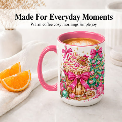 #pl[15oz|Pink] Pink Christmas Coffee Ceramic Mug, Tree Gingerbread Holiday Artwork