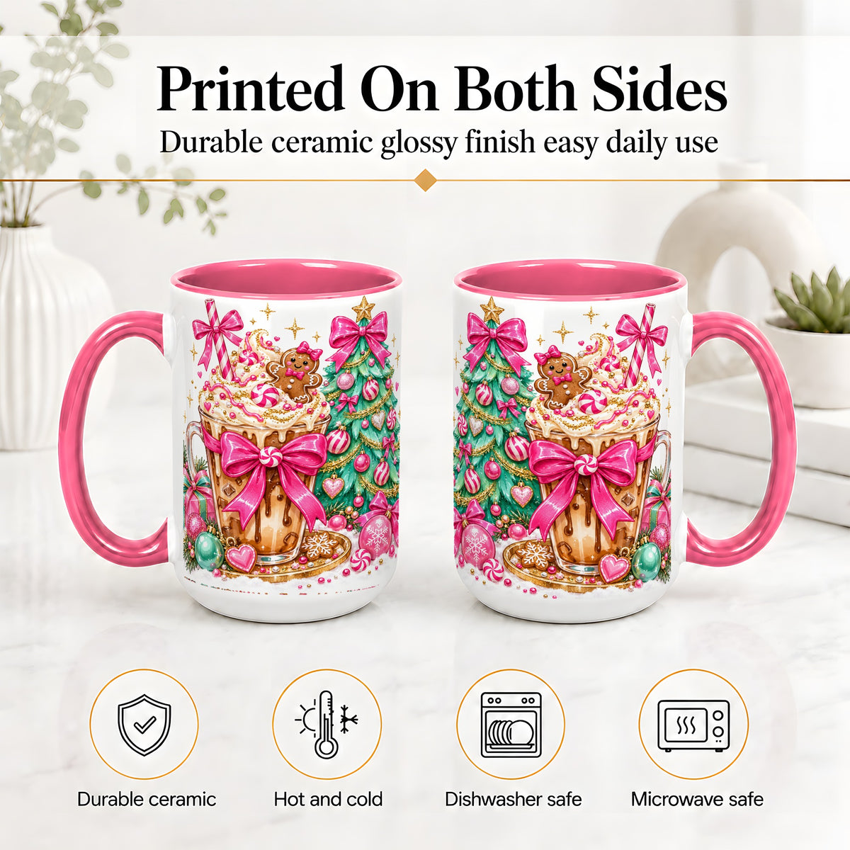 #pl[15oz|Pink] Pink Christmas Coffee Ceramic Mug, Tree Gingerbread Holiday Artwork