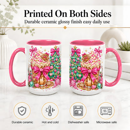 #pl[15oz|Pink] Pink Christmas Coffee Ceramic Mug, Tree Gingerbread Holiday Artwork