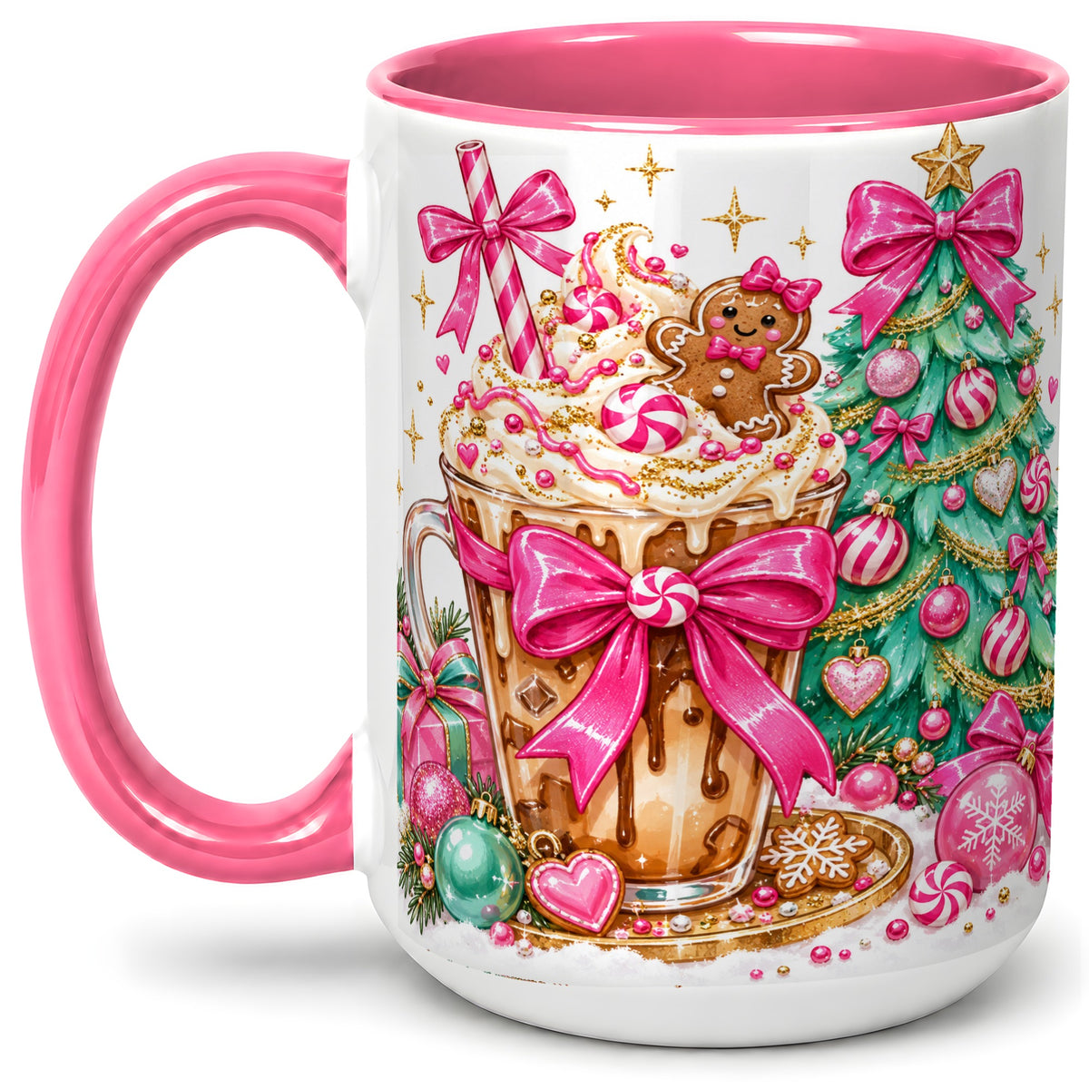 #pl[15oz|Pink] Pink Christmas Coffee Ceramic Mug, Tree Gingerbread Holiday Artwork