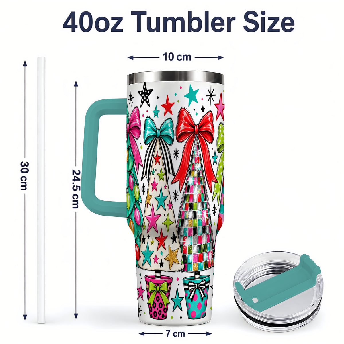 #pl[40oz|Green] Colorful Bow Christmas Trees 40oz Tumbler, Whimsical Holiday Artwork