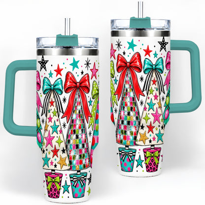 #pl[40oz|Green] Colorful Bow Christmas Trees 40oz Tumbler, Whimsical Holiday Artwork