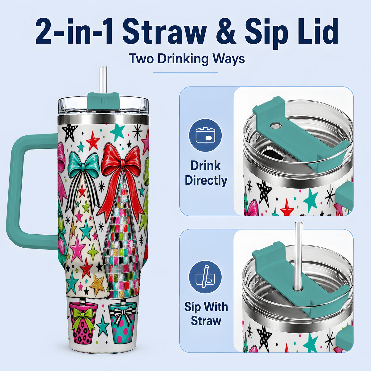 #pl[40oz|Green] Colorful Bow Christmas Trees 40oz Tumbler, Whimsical Holiday Artwork