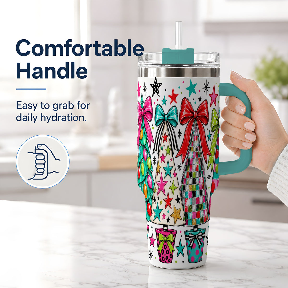 #pl[40oz|Green] Colorful Bow Christmas Trees 40oz Tumbler, Whimsical Holiday Artwork