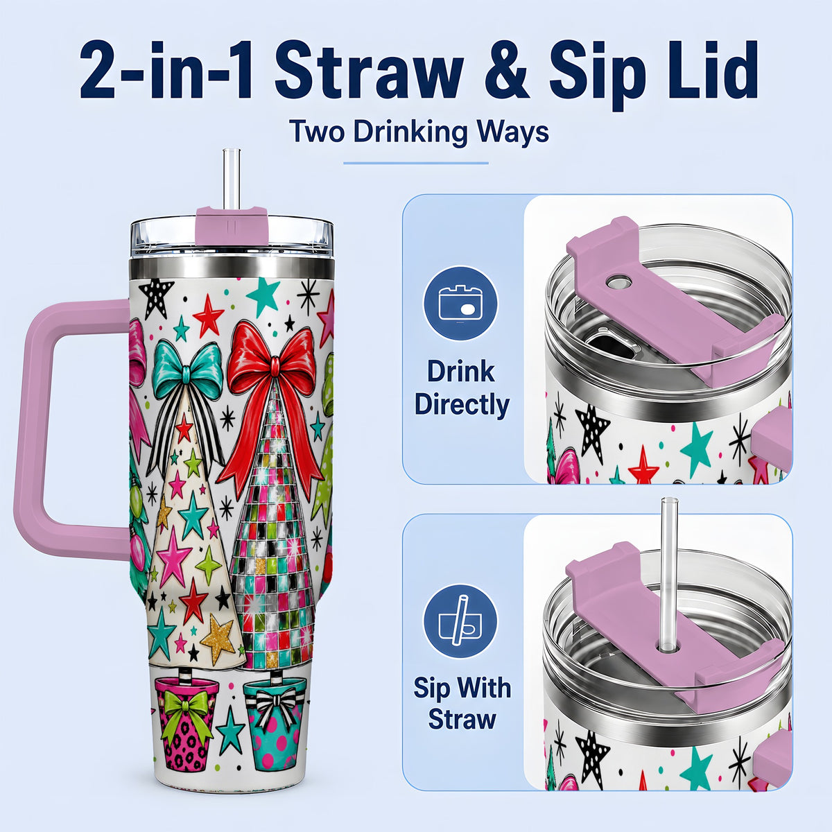 #pl[40oz|Pink] Colorful Bow Christmas Trees 40oz Tumbler, Whimsical Holiday Artwork