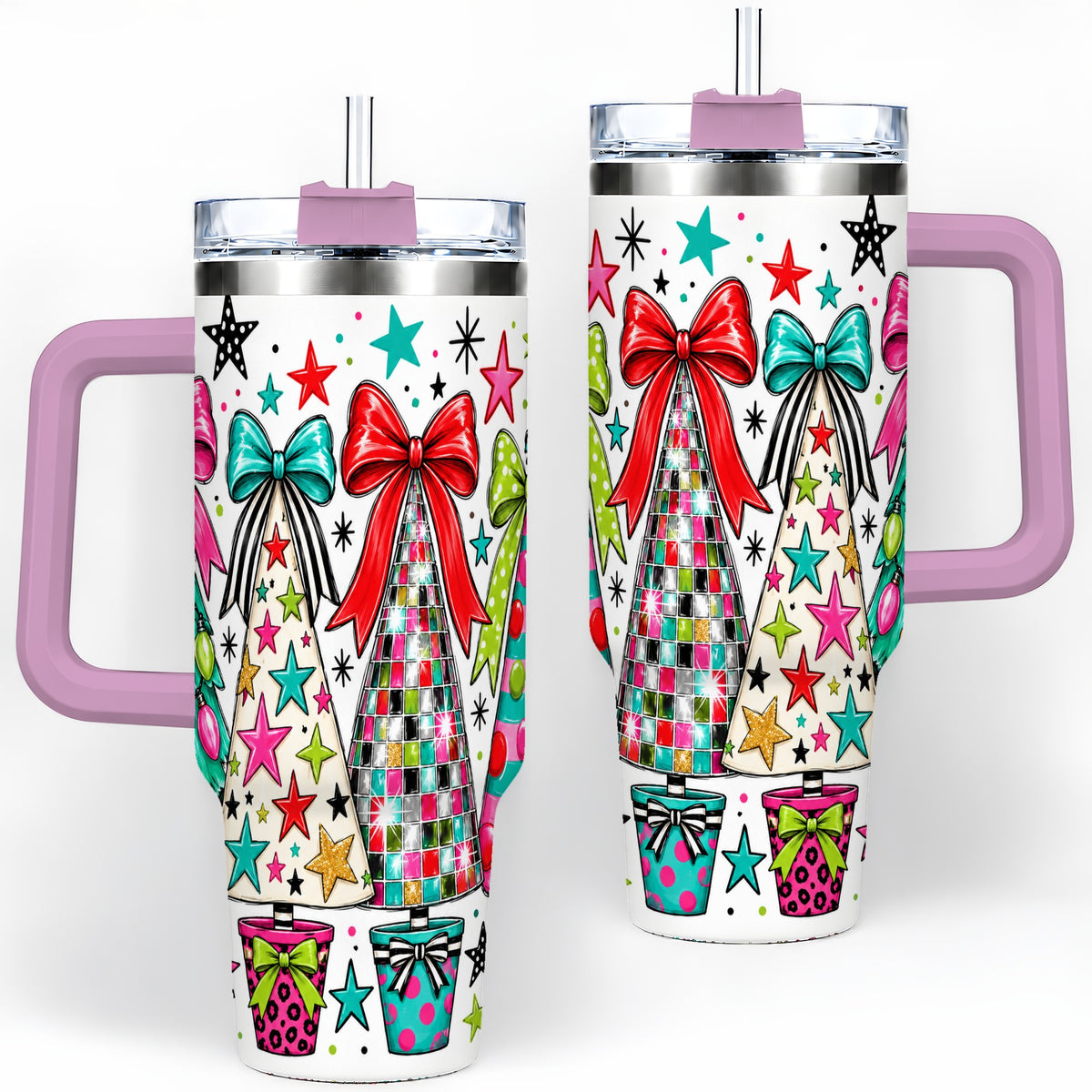 #pl[40oz|Pink] Colorful Bow Christmas Trees 40oz Tumbler, Whimsical Holiday Artwork