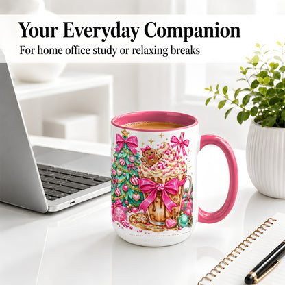 #pl[15oz|Pink] Pink Christmas Coffee Ceramic Mug, Tree Gingerbread Holiday Artwork