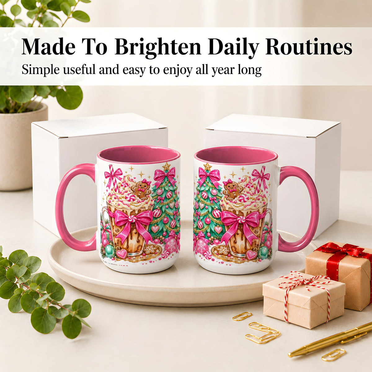#pl[15oz|Pink] Pink Christmas Coffee Ceramic Mug, Tree Gingerbread Holiday Artwork