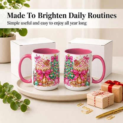 #pl[15oz|Pink] Pink Christmas Coffee Ceramic Mug, Tree Gingerbread Holiday Artwork