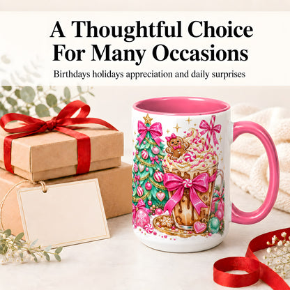 #pl[15oz|Pink] Pink Christmas Coffee Ceramic Mug, Tree Gingerbread Holiday Artwork