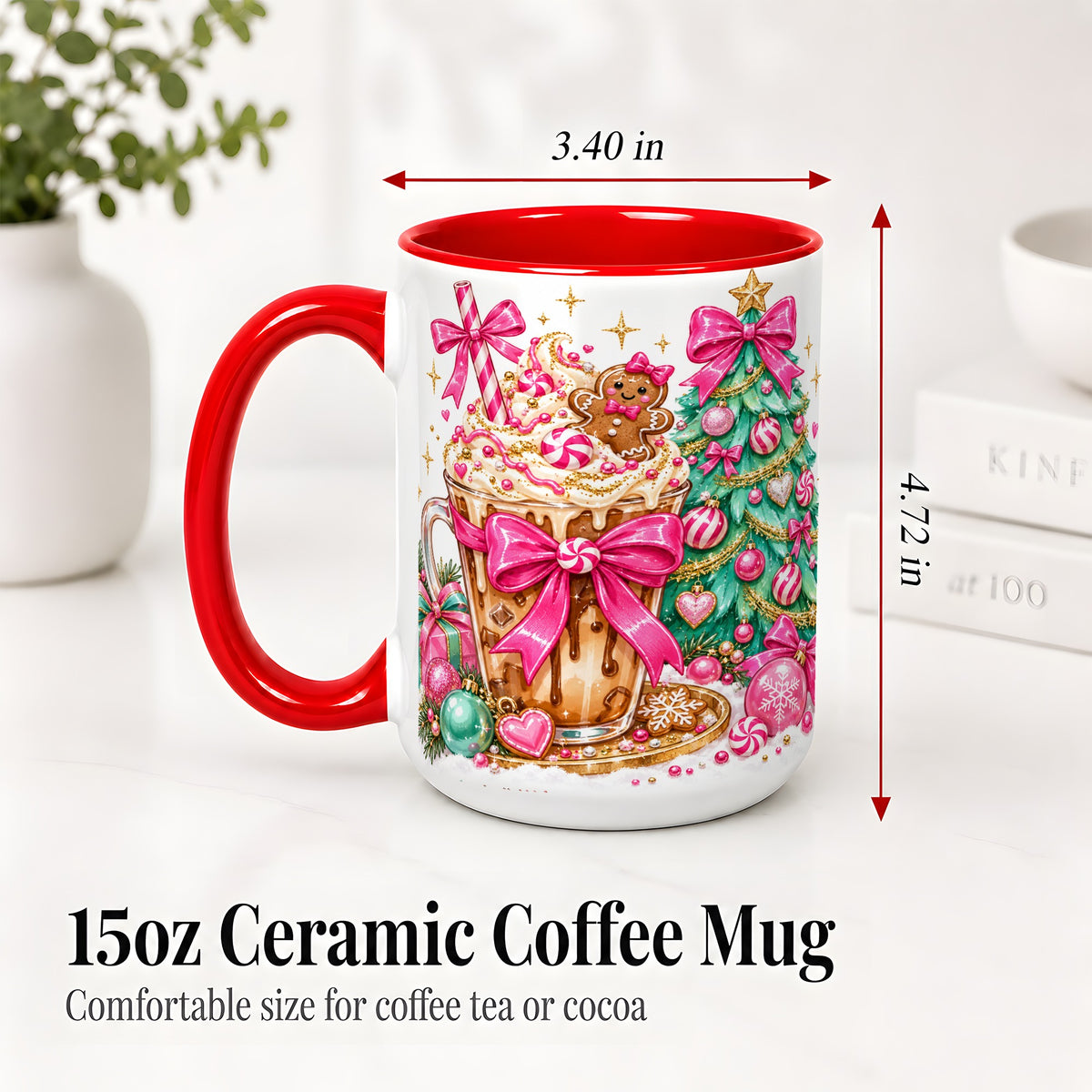 #pl[15oz|Red] Pink Christmas Coffee Ceramic Mug, Tree Gingerbread Holiday Artwork