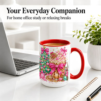 #pl[15oz|Red] Pink Christmas Coffee Ceramic Mug, Tree Gingerbread Holiday Artwork