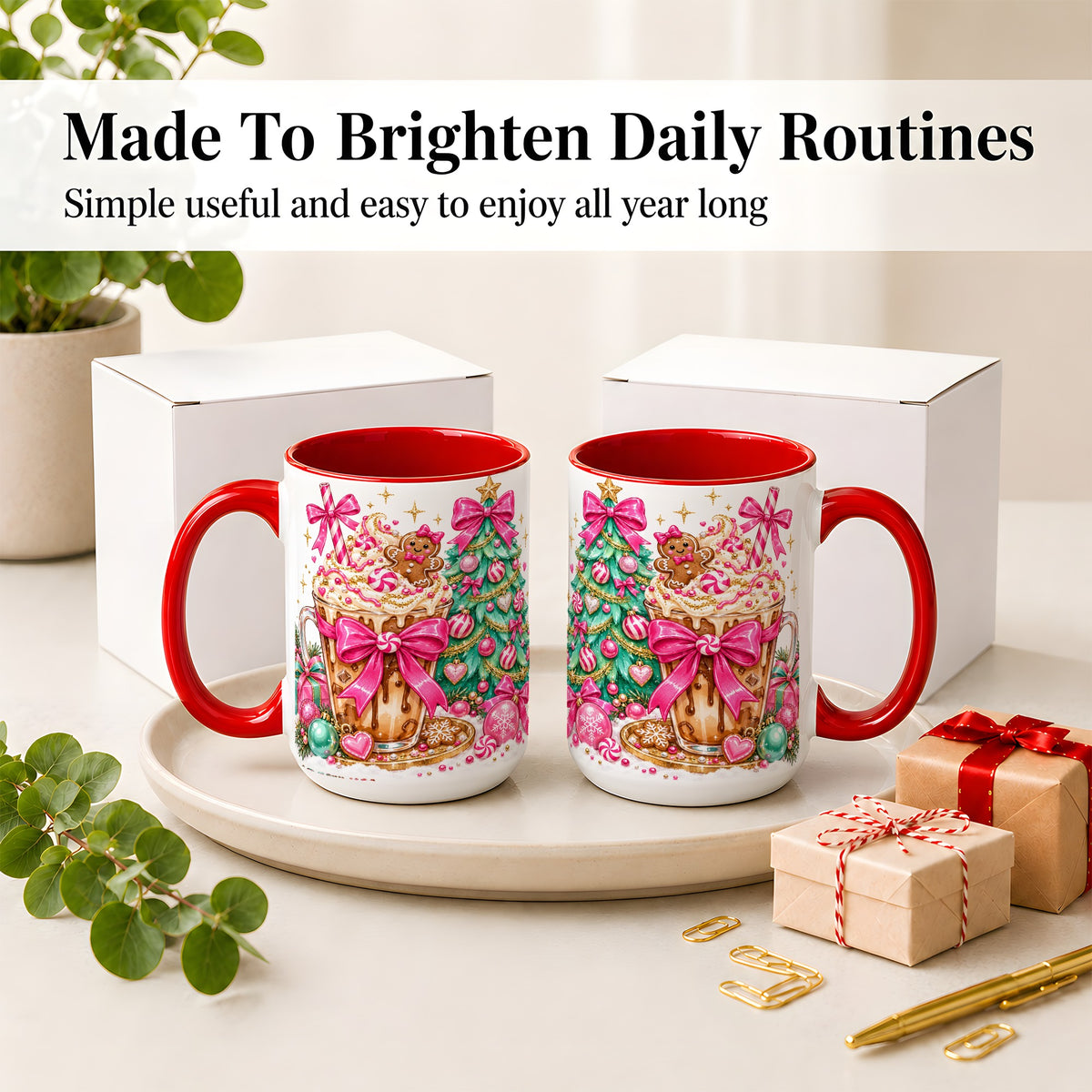#pl[15oz|Red] Pink Christmas Coffee Ceramic Mug, Tree Gingerbread Holiday Artwork