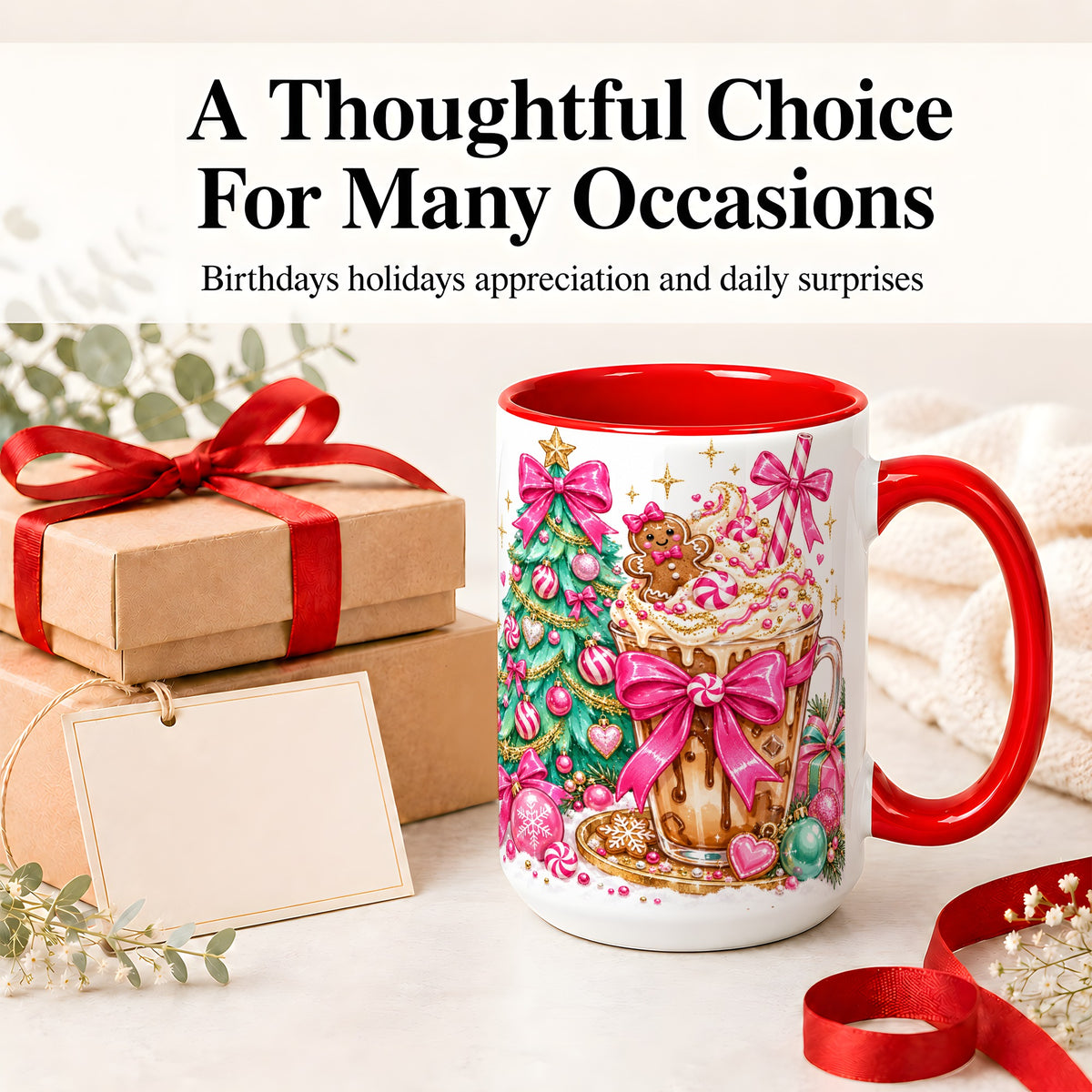 #pl[15oz|Red] Pink Christmas Coffee Ceramic Mug, Tree Gingerbread Holiday Artwork