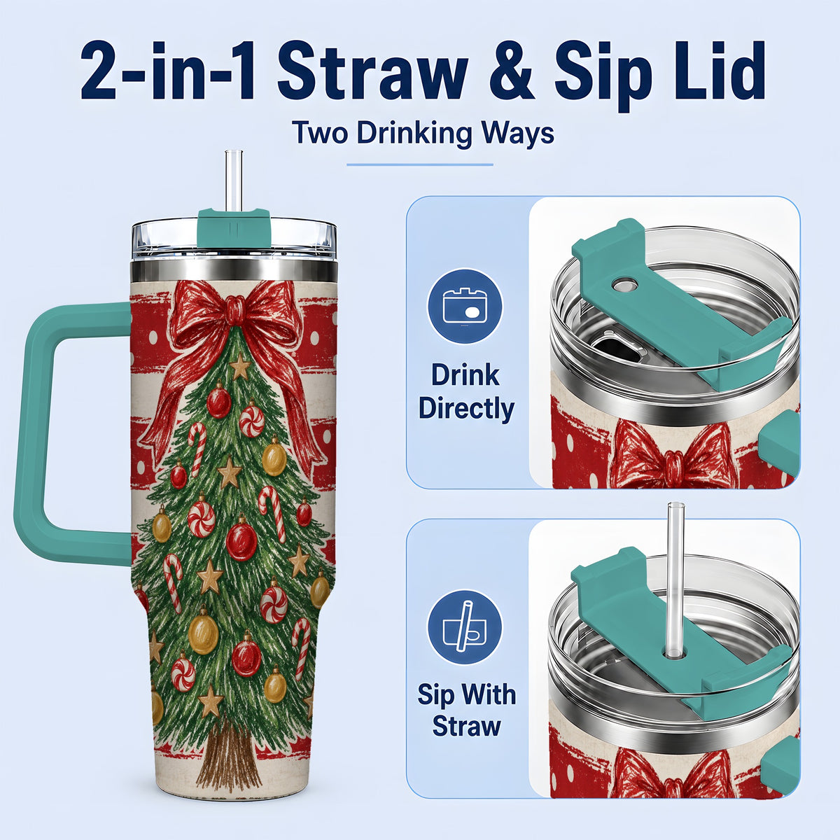 #pl[40oz|Green] Vintage Christmas Tree 40oz Tumbler, Red Stripe Holiday Drinkware