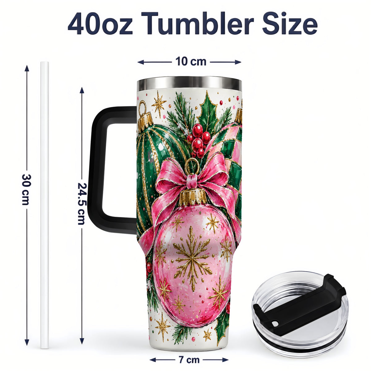 #pl[40oz|Black] Pink Christmas Ornaments 40oz Tumbler, Bow and Holly Holiday Artwork