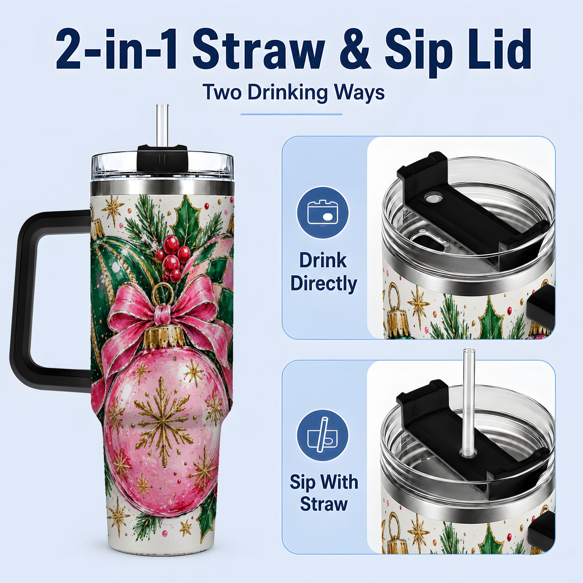 #pl[40oz|Black] Pink Christmas Ornaments 40oz Tumbler, Bow and Holly Holiday Artwork