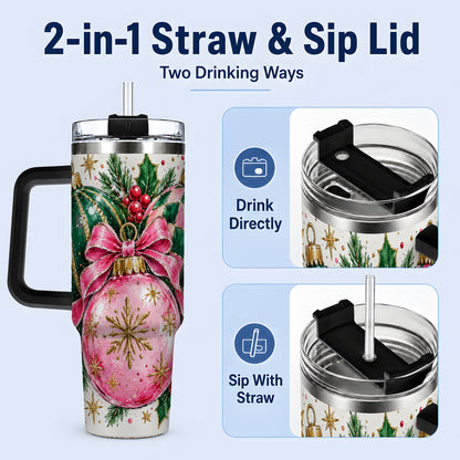 #pl[40oz|Black] Pink Christmas Ornaments 40oz Tumbler, Bow and Holly Holiday Artwork