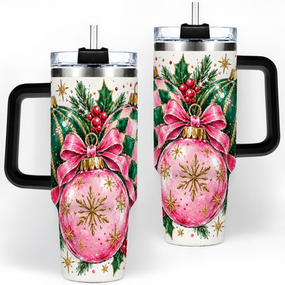 #pl[40oz|Black] Pink Christmas Ornaments 40oz Tumbler, Bow and Holly Holiday Artwork