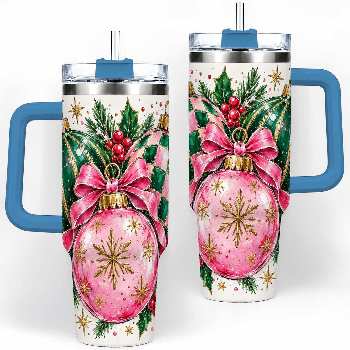 #pl[40oz|Blue] Pink Christmas Ornaments 40oz Tumbler, Bow and Holly Holiday Artwork