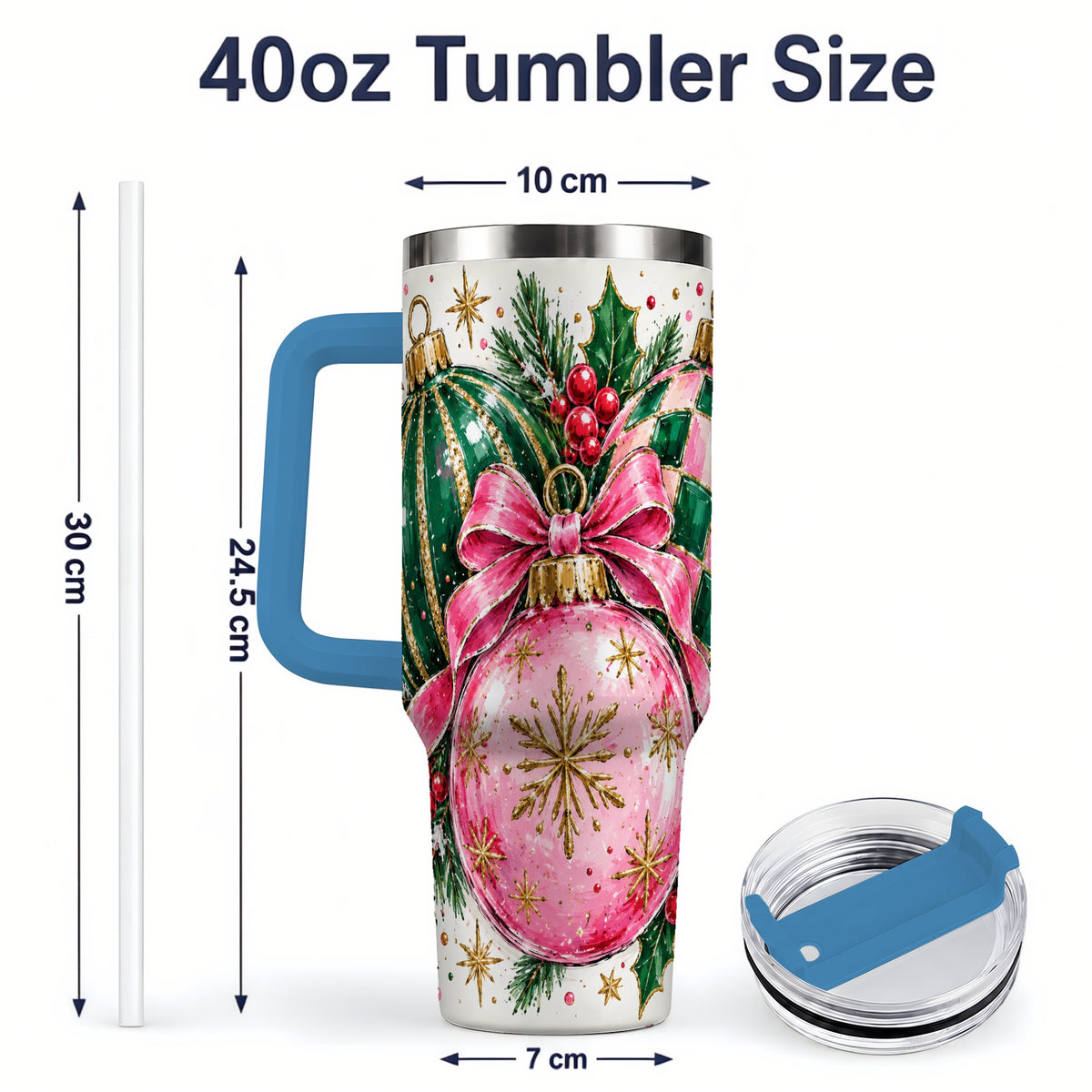 #pl[40oz|Blue] Pink Christmas Ornaments 40oz Tumbler, Bow and Holly Holiday Artwork
