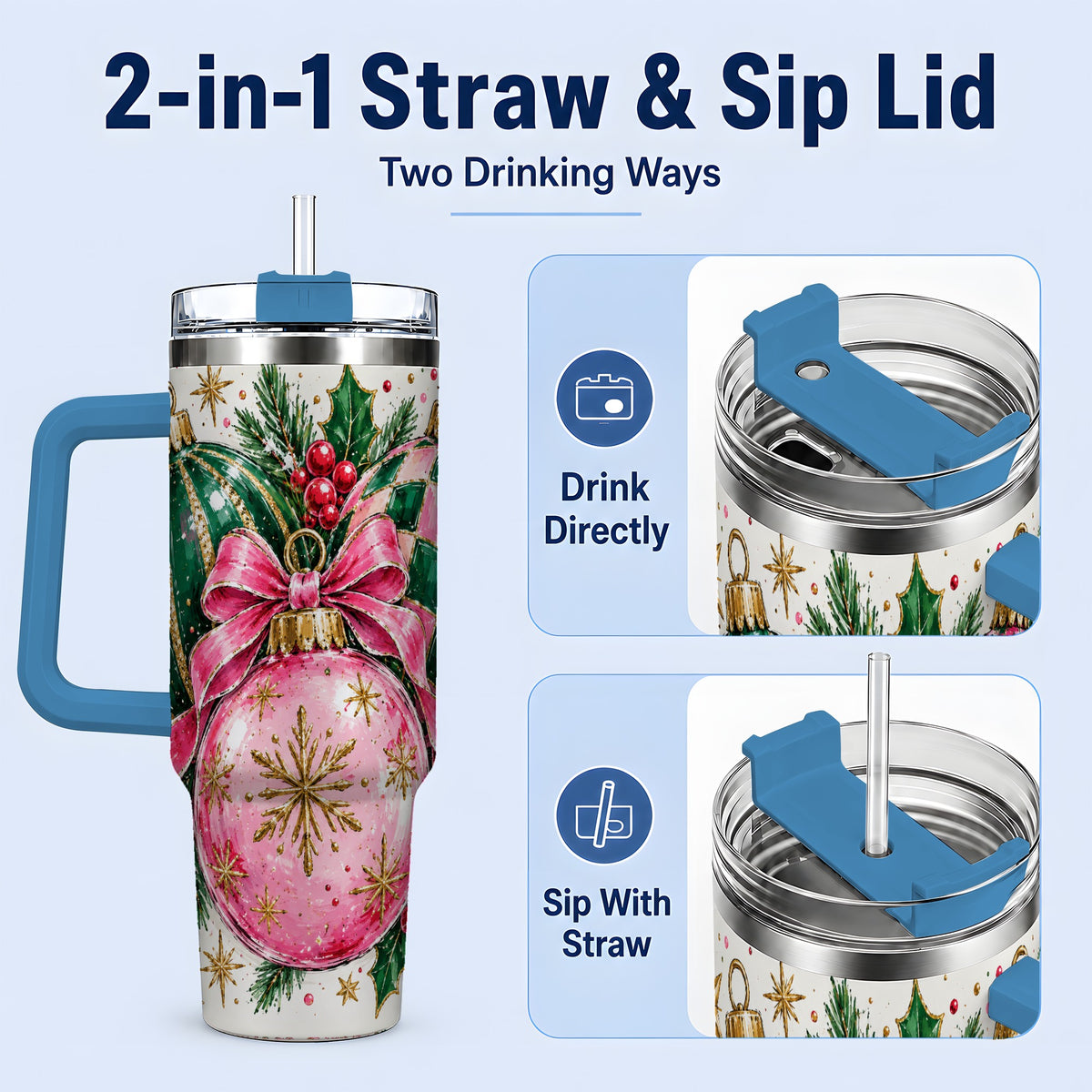 #pl[40oz|Blue] Pink Christmas Ornaments 40oz Tumbler, Bow and Holly Holiday Artwork