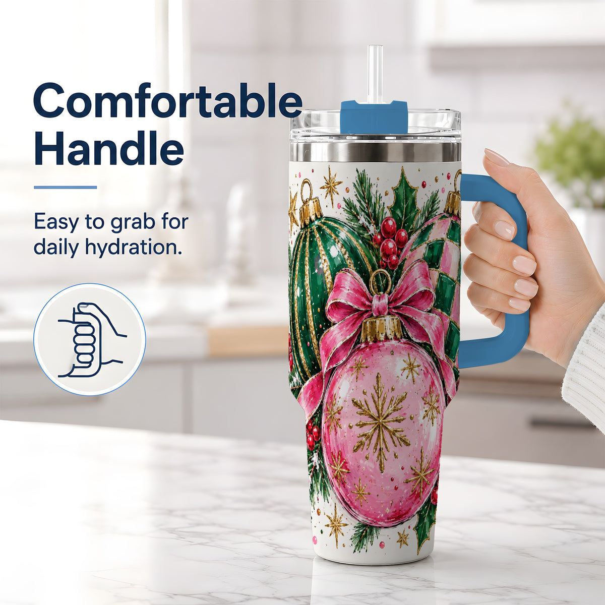 #pl[40oz|Blue] Pink Christmas Ornaments 40oz Tumbler, Bow and Holly Holiday Artwork