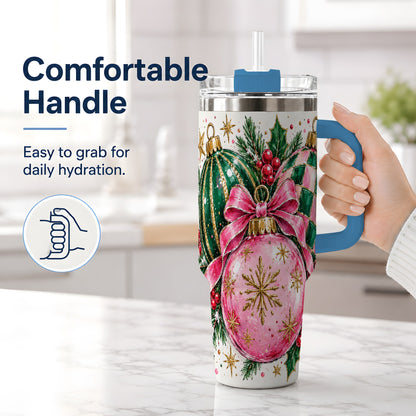 #pl[40oz|Blue] Pink Christmas Ornaments 40oz Tumbler, Bow and Holly Holiday Artwork